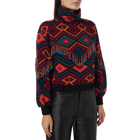 Farm Rio Rauti Sweater Beaded Tassel Turtleneck Multi Diamond Knit Sz XS - Picture 2 of 12